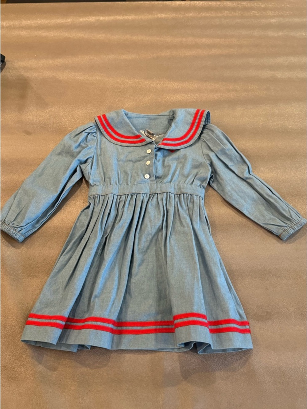 Siccinino Girls' Light Blue Sailor-Style Dress with Red Trim. Size 3
